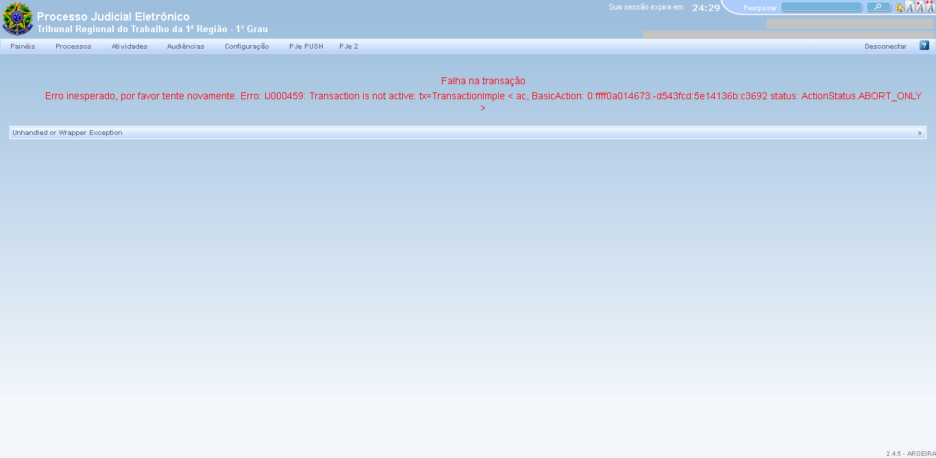 Tela de erro do PJe da Justiça do Trabalho