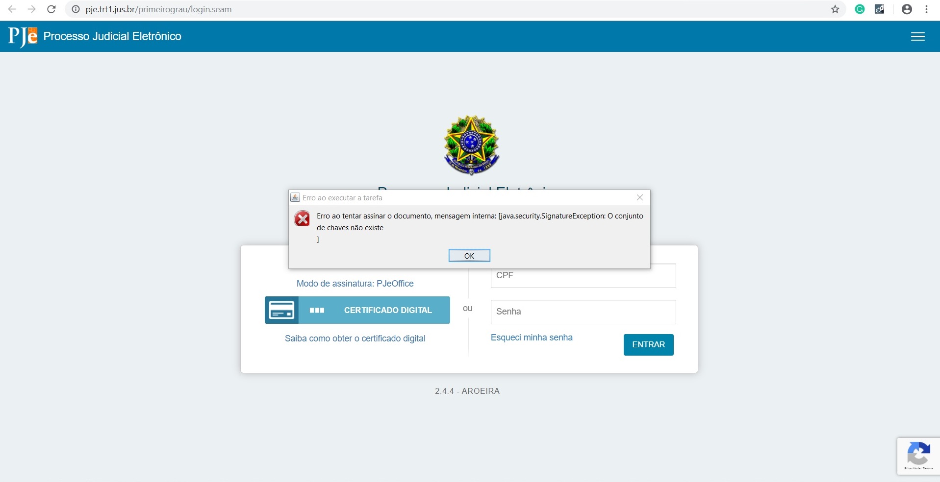 Tela de erro do PJe da Justiça do Trabalho