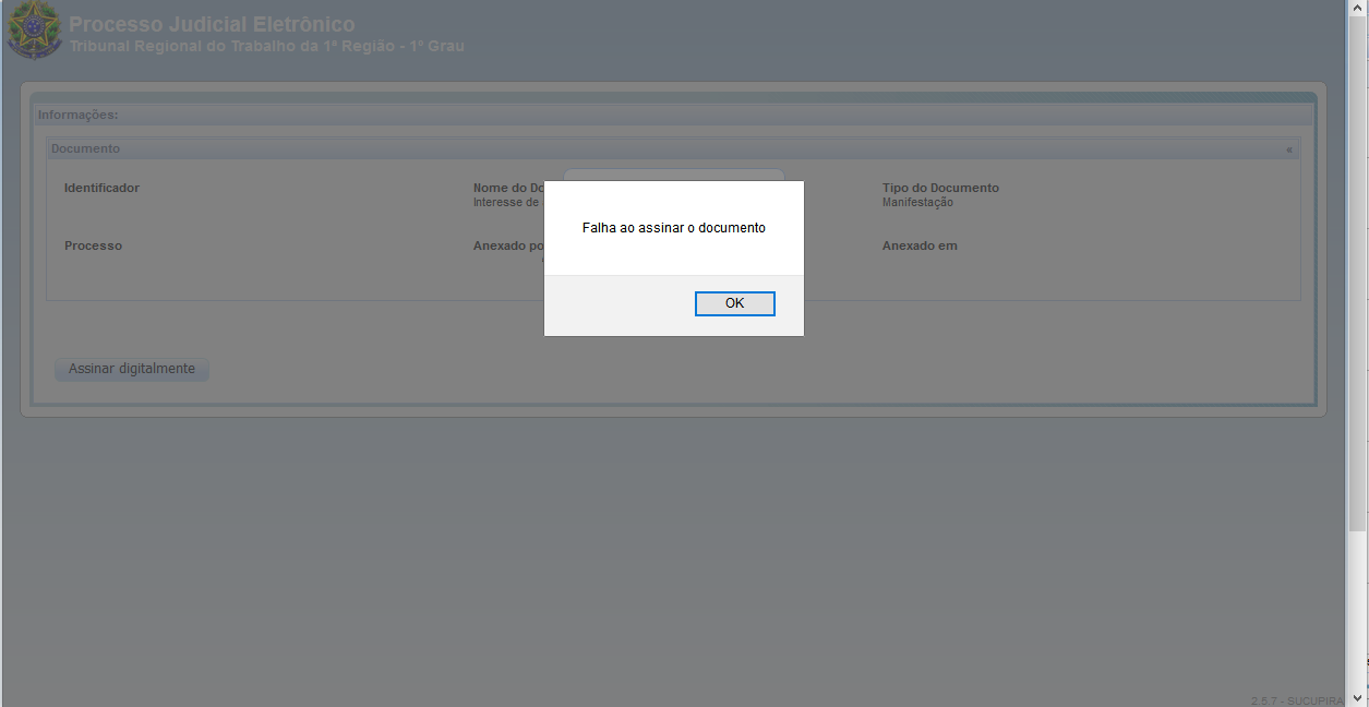 Tela de erro do PJe da Justiça do Trabalho