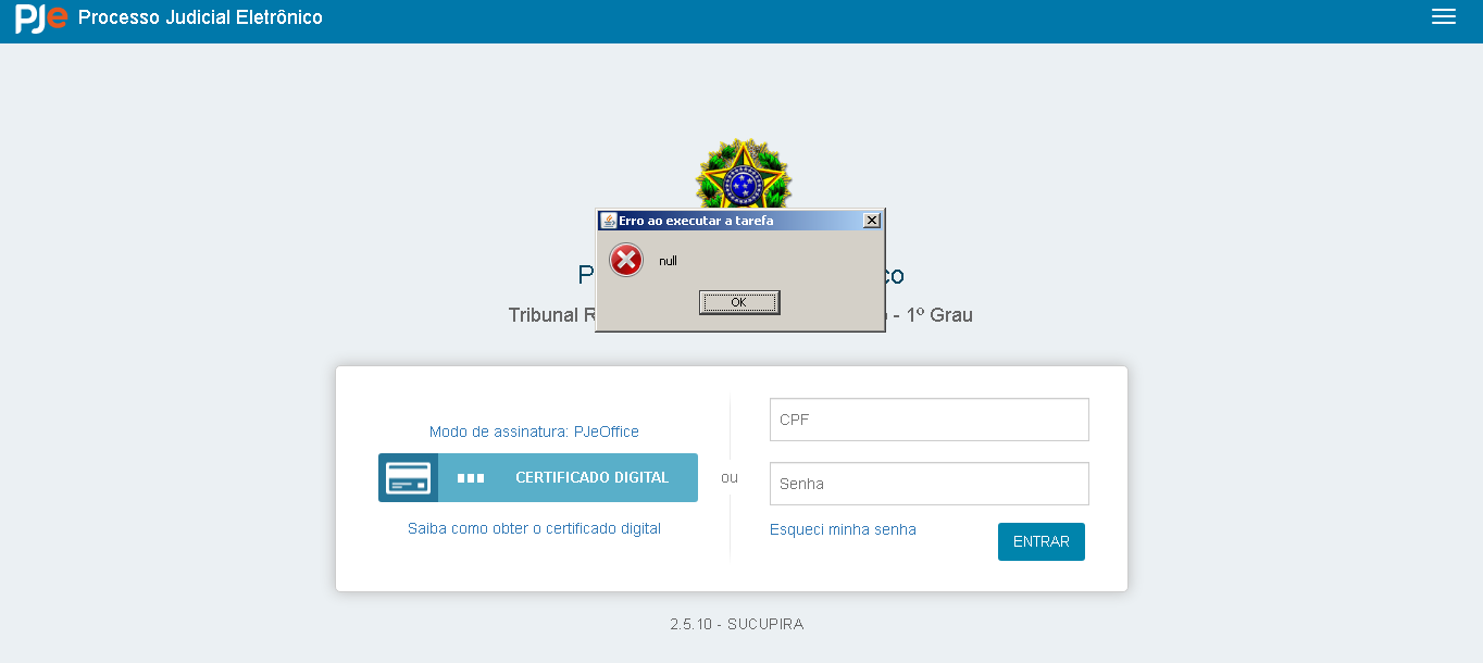 Tela de erro do PJe da Justiça do Trabalho