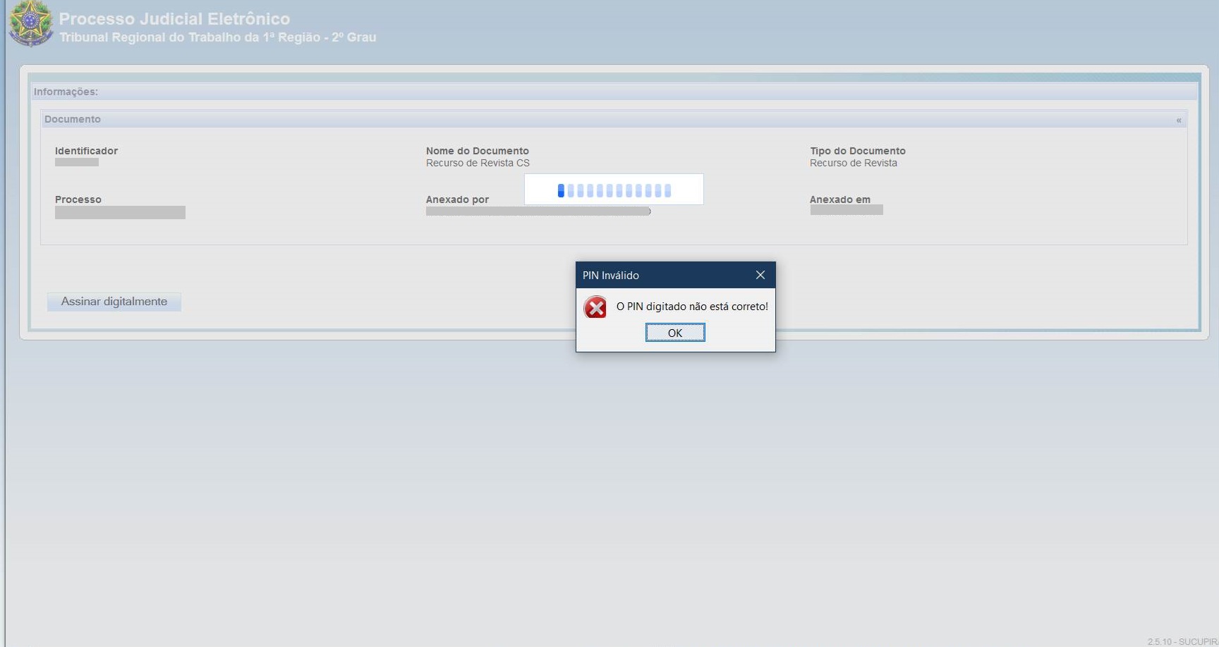 Tela de erro do PJe da Justiça do Trabalho