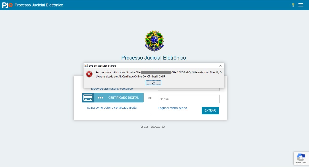 Tela de erro do PJe da Justiça do Trabalho